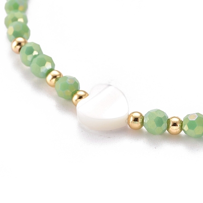 Verre à facettes perles bracelets extensibles, avec des perles en laiton et des perles en coquillage trochid naturel cœur