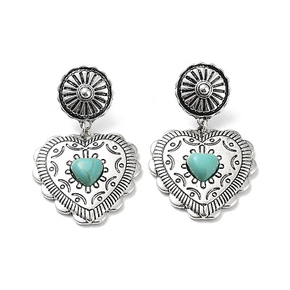 Valentine's Day Heart Jewelry for Women, Alloy with Synthetic Turquoise Dangle Stud Earrings, Antique Silver