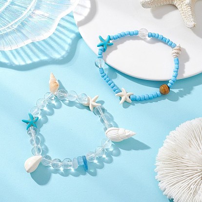 2 Браслеты из стеклянных бусин, натуральных ракушек, аквамарина и синтетической бирюзы для женщин, форма раковины и морская звезда