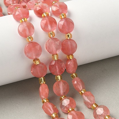 Вишневого кварца стеклянные бусы пряди, граненый шестиугольный разрез, плоско-круглые, с бисером