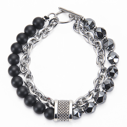 Stylish Dual-Layer Stainless Steel Bracelet with Natural Matte Stone and Black Magnetic Clasp for Men
