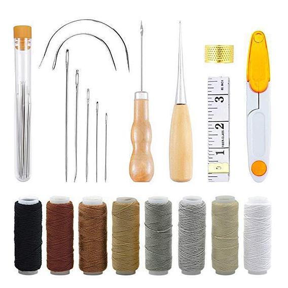 Kit d'outils de travail du cuir, y compris les aiguilles à coudre, fil ciré, ciseaux, alêne, ruban à mesurer et dé à coudre, pour bricolage en cuir