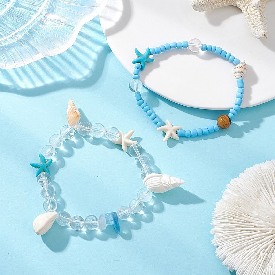 2 Браслеты из стеклянных бусин, натуральных ракушек, аквамарина и синтетической бирюзы для женщин, форма раковины и морская звезда