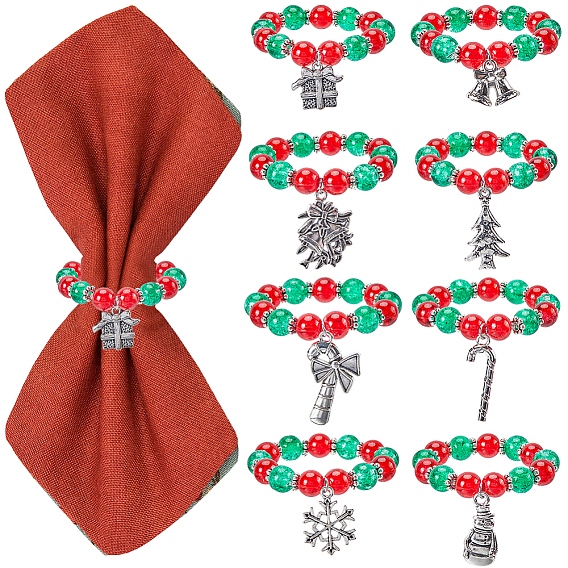 Christmas Theme Glass Beads Napkin Rings, with Alloy Mixed Shapes Pendant