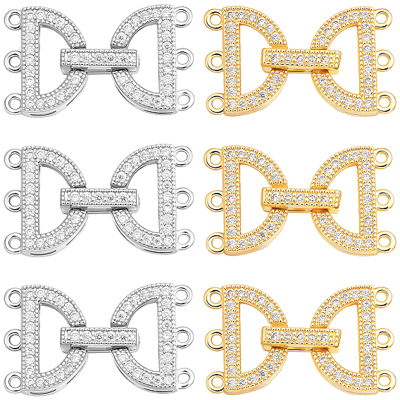 6Pcs 2 Colors Brass Micro Pave Clear Cubic Zirconia Fold Over Clasps, Cadmium Free & Nickel Free & Lead Free, 2-Strand, 6-Hole, Arch