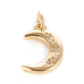 Brass Micro Pave Clear Cubic Zirconia Pendants, with Jump Ring, Moon