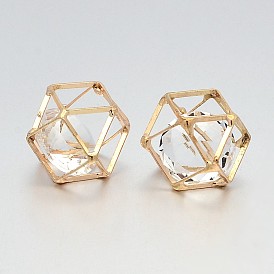 Brass Hollow Polygon Beads, with Floating Glass Beads Inside, Cadmium Free & Lead Free, Rose Gold
