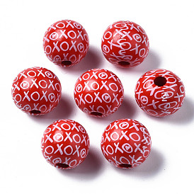 Painted Natural Wood European Beads, Large Hole Beads, Printed, Round