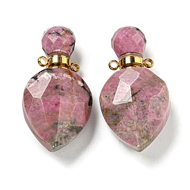 Faceted Natural Rhodonite Pendants, Openable Perfume Bottle, with Golden Tone 304 Stainless Steel Findings