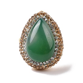 Natural Green Aventurine Teardrop Adjustable Ring with Rhinestones, Rack Plating Brass Jewelry for Women, Cadmium Free & Lead Free