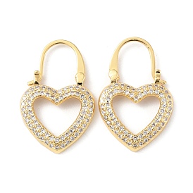 Clear Cubic Zirconia Hollow Heart Hoop Earrings, Brass Jewelry for Women, Cadmium Free & Lead Free