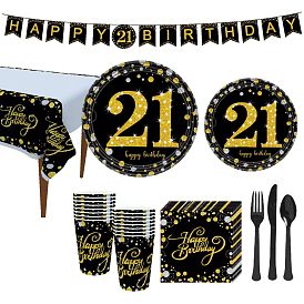 Paper Disposable Tableware Sets for 16 Guests, Birthday Party Supplies, Including Banner, Plate, Teacup, Tissue, Knives, Forks, Spoons, Tablecovers
