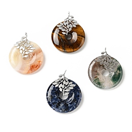 Natural Gemstone Pendants, with Stainless Steel Color Tone 304 Stainless Steel Findings, Leaf with Donut/Pi Disc Charm