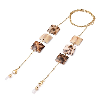 Eyeglasses Chains, Neck Strap for Eyeglasses, with Natural Shell Square Links, Golden Plated 304 Stainless Steel Satellite Chains and Rubber Eyeglass Holders