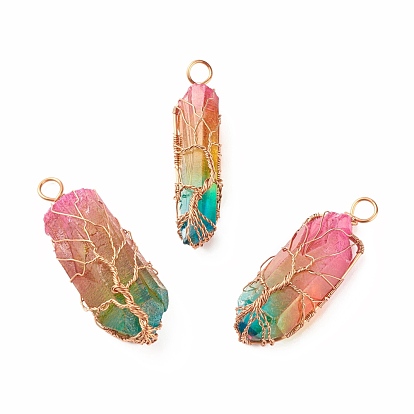Galvanoplastie pendeloques de cristal de quartz naturel, avec du fil de cuivre plaqué or champagne enroulé, nuggets