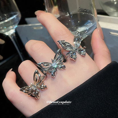 Brass Micro Pave Cubic Zirconia Cuff Open Rings for Women, Butterfly
