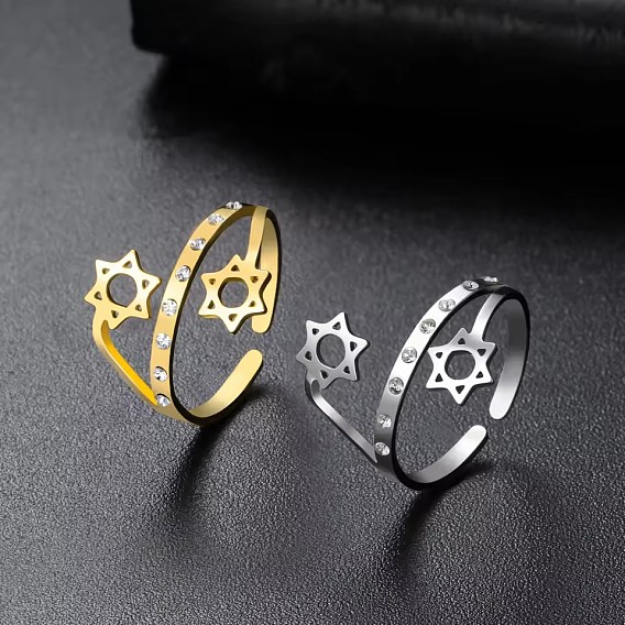 304 Stainless Steel & Crystal Rhinestone Cuff Open Rings, Star of David