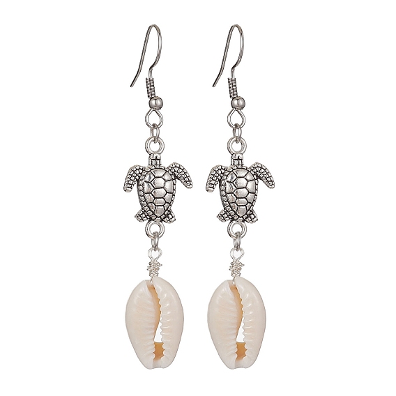 Болтаться серьги оболочки естественно, Длинные серьги-капли из сплава в тибетском стиле с морской черепахой и 304 булавками из нержавеющей стали