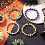 4Pcs 4 Colors Halloween Dyed Synthetic Turquoise Skull & Round Beaded Stretch Bracelet Sets for Men Women