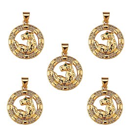 5Pcs Brass Micro Pave Clear Cubic Zirconia Pendants, Long-Lasting Plated, Flat Round with Leopard