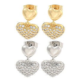 Heart Brass Pave Clear Cubic Zirconia Dangle Stud Earrings