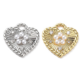 Rack Plating Brass Micro Pave Cubic Zirconia and Plastic pearl Pendants, Heart Charms, Long-Lasting Plated, Cadmium Free & Lead Free, Heart
