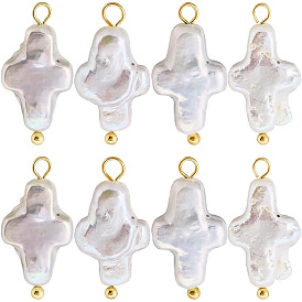 10Pcs Natural Keshi Pearl Pendants, with Brass Ball Head Pins, Cross Charms, Floral White