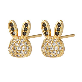 Cubic Zirconia Rabbit Stud Earrings, Brass Cute Animal Earrings for Women