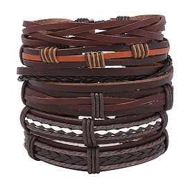 6 pcs 6 ensemble de bracelets à cordon en simili cuir tressé réglable de style, bracelets empilables en cordon ciré et cordon de chanvre pour hommes