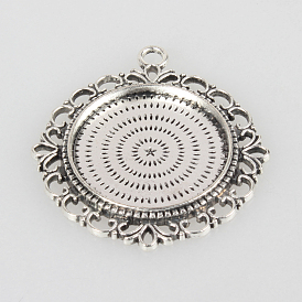 Tibetan Style Alloy Pendant Cabochon Settings, Cadmium Free & Lead Free, Flat Round, Tray: 25mm, 43x39x3mm, Hole: 3mm, about 115pcs/kg