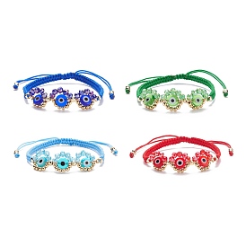 4Pcs 4 Colors Wire Wrapped Flower with Evil Eye Braided Bead Bracelet, Lucky Protection Jewelry for Women