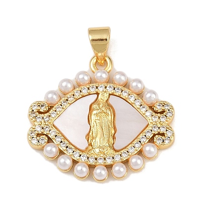 Латунные микро проложить кубического циркония подвески, без кадмия и без свинца, конский глаз с девой марией, с ракушкой и имитацией жемчуга из АБС