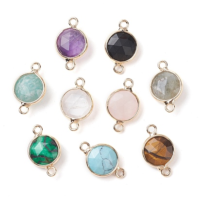 Gemstone Connector Charms, Faceted Flat Round with Golden Plated Brass Frame