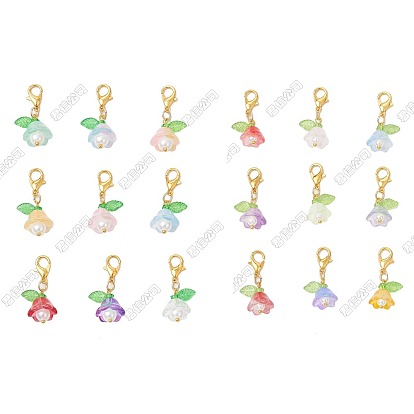 72pcs 18 styles décorations suspendues en forme de fleur en verre peint par pulvérisation bicolore transparent, avec alliage de zinc homard fermoirs pince