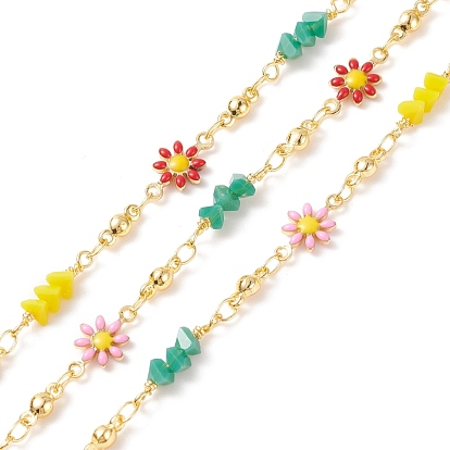 Латунные эмалевые цепи с цветочными звеньями, со стеклянным треугольником из бусин, пайки, с катушками, реальный 18 k позолоченный, без кадмия и без свинца