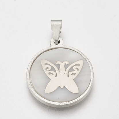 201 Stainless Steel Pendants, with Shell, Flat Round with Butterfly