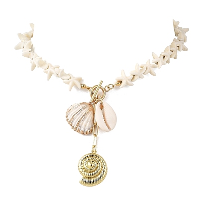 Кулоны в форме раковины морской каури и латунной раковины., Синтетические бирюзовые бусы в виде морских звезд с застежками из нержавеющей стали., реальный 304 k позолоченный