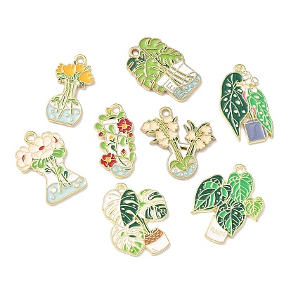 Подвески из сплава с эмалью, изображающей зеленые растения и растения в горшках., золотые