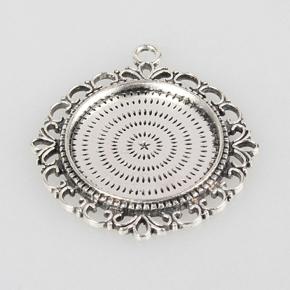 Tibetan Style Alloy Pendant Cabochon Settings, Cadmium Free & Lead Free, Flat Round, Tray: 25mm, 43x39x3mm, Hole: 3mm, about 115pcs/kg