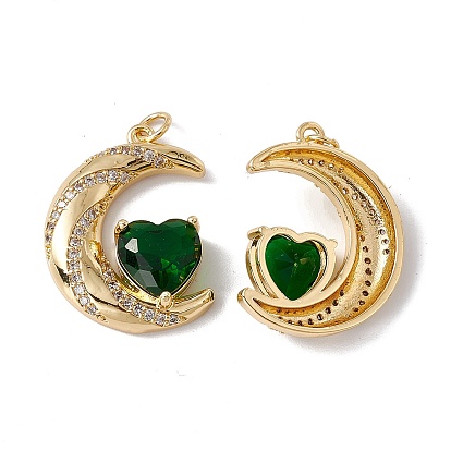 Micro latón allanan colgantes cúbicos del zirconia, con anillo de salto, sin cadmio y níque y plomo, chapado en rack, Luna con el corazón