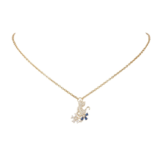 Подвеска с латунным паве в виде кошки с цветком и прозрачными кубическими цирконами 304 Женские ожерелья-цепочки из нержавеющей стали