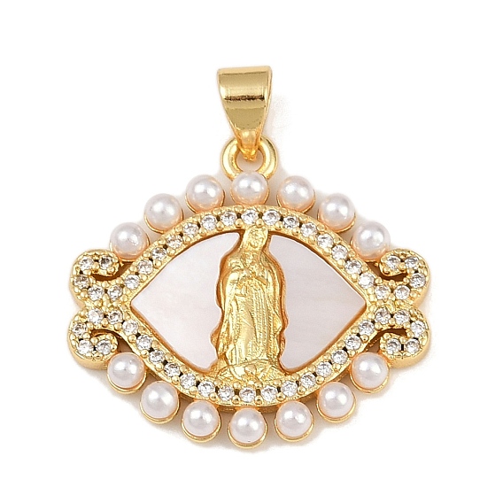 Латунные микро проложить кубического циркония подвески, без кадмия и без свинца, конский глаз с девой марией, с ракушкой и имитацией жемчуга из АБС