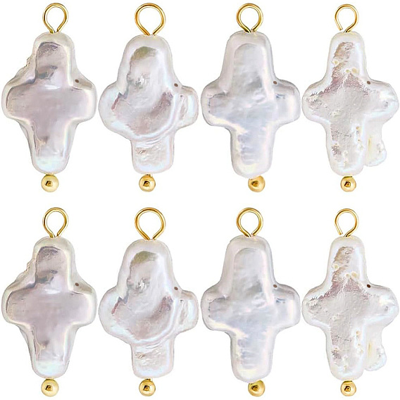 10Pcs Natural Keshi Pearl Pendants, with Brass Ball Head Pins, Cross Charms, Floral White