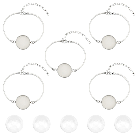 5шт. 304 браслеты из нержавеющей стали с плоским круглым кабошоном, для ссылка браслет решений, с 5 прозрачными стеклянными кабошонами