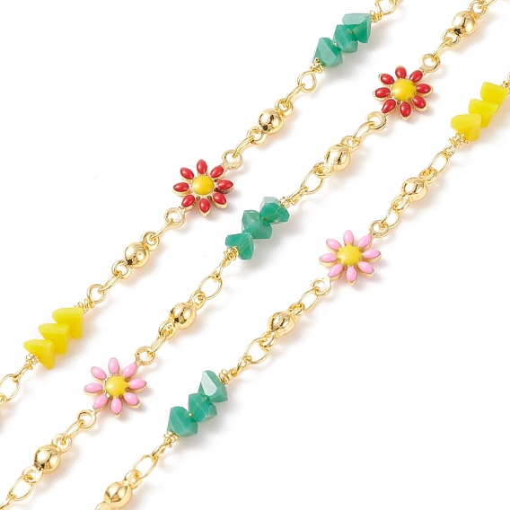 Латунные эмалевые цепи с цветочными звеньями, со стеклянным треугольником из бусин, пайки, с катушками, реальный 18 k позолоченный, без кадмия и без свинца