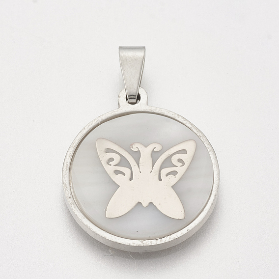 201 Edelstahl Anhänger, mit Shell, flach rund mit Schmetterling