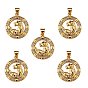 5Pcs Brass Micro Pave Clear Cubic Zirconia Pendants, Long-Lasting Plated, Flat Round with Leopard
