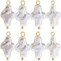 10Pcs Natural Keshi Pearl Pendants, with Brass Ball Head Pins, Cross Charms, Floral White