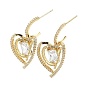 Heart Brass Micro Pave Cubic Zirconia Stud Earrings, Half Hoop Earrings, Long-Lasting Plated