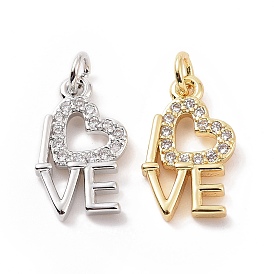 Brass Micro Pave Cubic Zirconia Pendants, with Jump Ring, Word Love Charm
